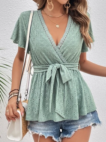 

Regular Fit Lace Edge Casual V Neck Shirt, Green, Shirts & Blouses