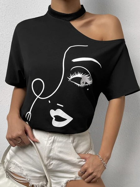 

Figure Graphic Asymmetrical Neck Tee, Black, T-Shirts
