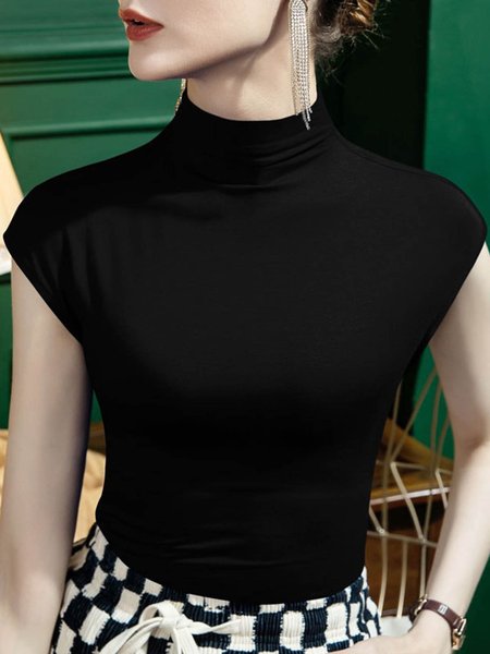 

Urban Simple Stand Collar Plain Regular Fit T-Shirt, Black, Tees
