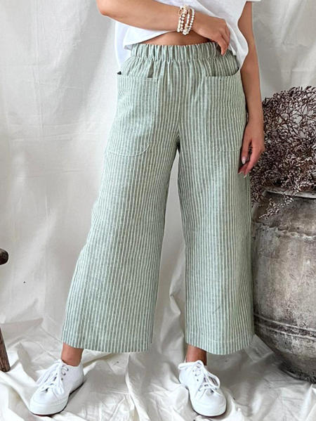 

Pocket Stitching Casual Loose Striped Pants, Green, Pants