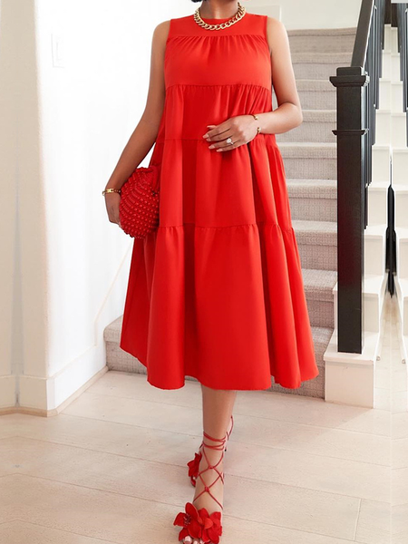 

Urban Plain Loose Sleeveless Crew Neck Midi Dress, Red, Midi Dresses