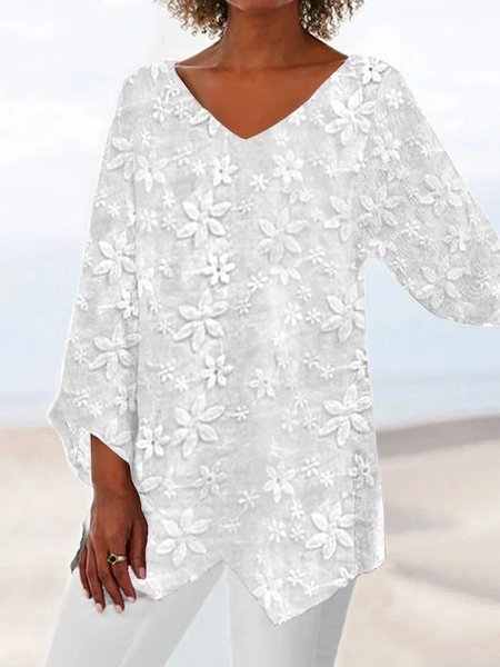 

Women Elegant White Floral Lace V Neck Asymmetric Hem Long sleeve Tunic Top, Tunics