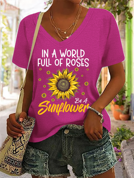 

Women's Cute Sunflower Flower Cotton Text Letters Casual T-Shirt, Rose red, T-shirts