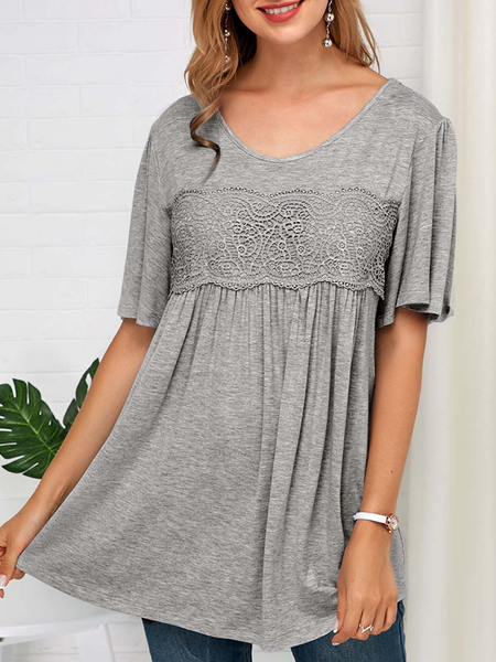 

Grey Lace Panel Half Sleeve Soft T Shirt, Gray, Shirts & Blouses