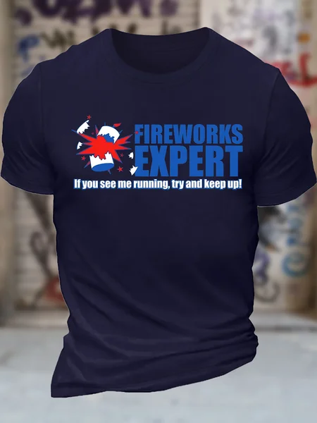 

Men's Fireworks Expert If You See Me Running Try And Keep Up Funny Graphic Printing Text Letters Cotton Casual T-Shirt, Purplish blue, T-shirts