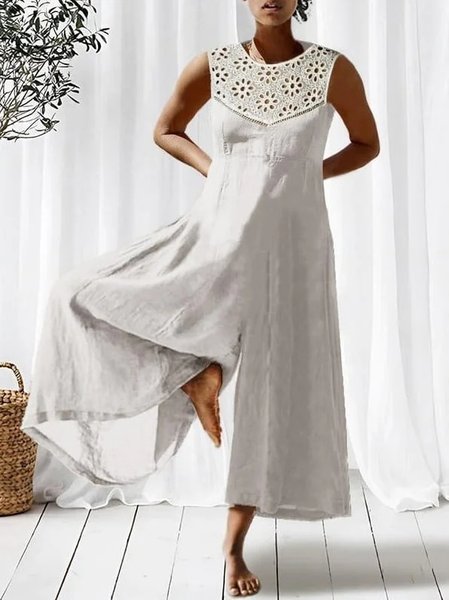 

Loose Cotton And Linen Lace Casual Jumpsuit, White, Jumpsuits＆Rompers