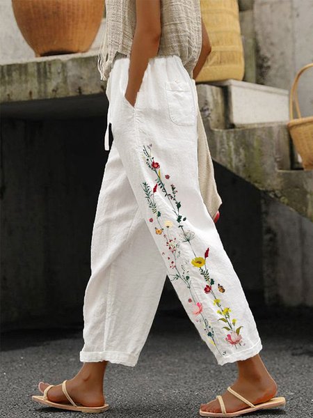 

Floral Linen Vacation Loose Pants, White, Pants