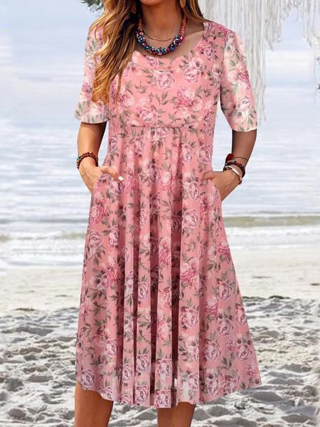 

Loose Floral Vacation Crew Neck Dress, Pink, Dresses