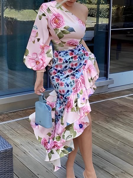 

Floral One Shoulder Regular Fit Vacation Midi Dress, Pink, Midi Dresses