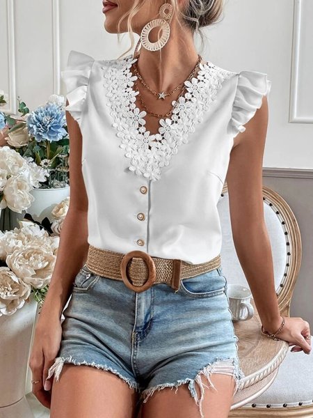 

V Neck Plain Regular Fit Urban Blouse, White, Blouses and Shirts