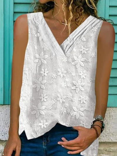 

Women Casual Floral Lace Plain Loose Sleeveless V Neck Summer Tank Top, White, Tank Tops & Camis