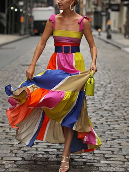 

Square Neck Vacation Striped Maxi Dress, Multicolor, Maxi Dresses