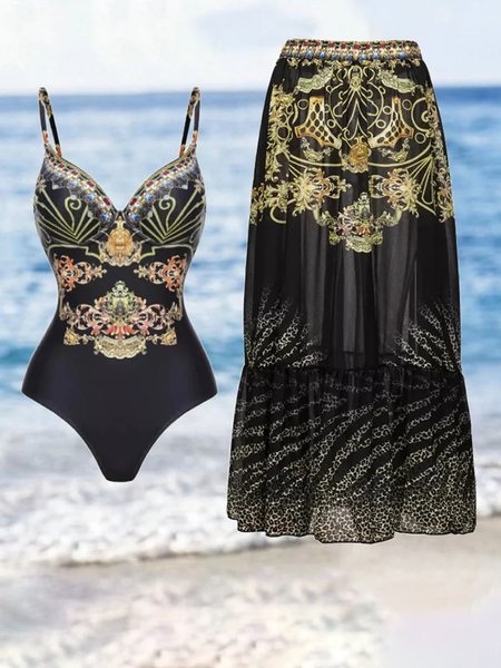 

Ethnic Printing V Neck Vacation One Piece With Cover Up, Black, swimwear>>One-Pieces