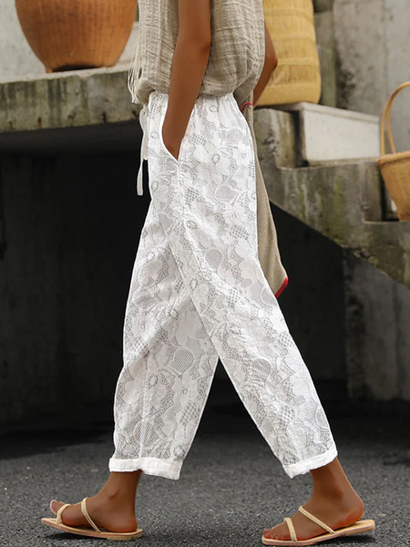

Women's Elegant Lace Stitching Casual Pants, White, Pants