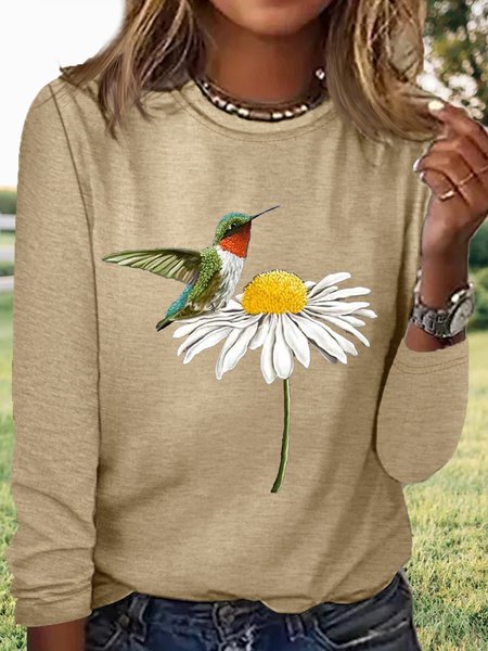 

Women's Hummingbird on Daisy Casual Crew Neck Shirt, Khaki, Long sleeves