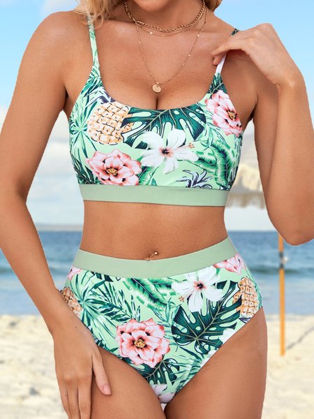 

Sexy Plants Printing Scoop Neck Bikini, Green, swimwear>>Bikini Sets