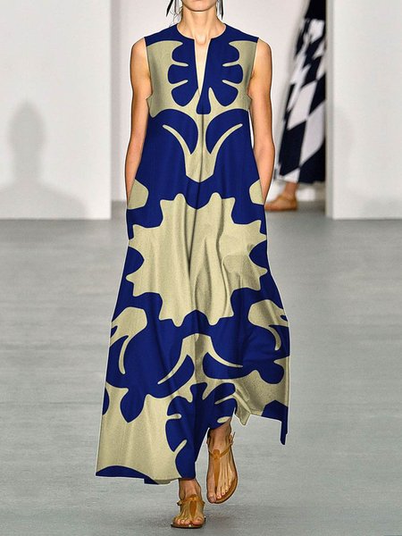 

Vacation Floral V Neck Loose Pockets Dress, Blue, Maxi Dresses