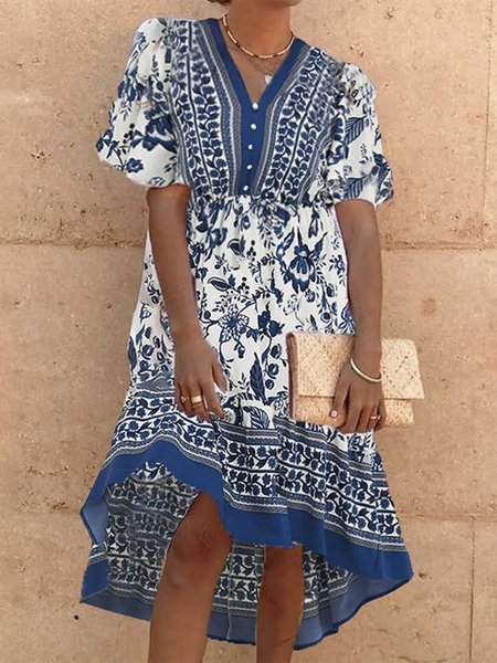 

Loose Ethnic Ethnic V Neck Dress, Blue, Dresses