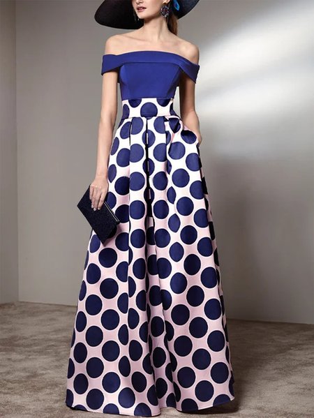 

Elegant Polka Dots Cold Shoulder Dress & Party Dress, Blue, Maxi Dresses