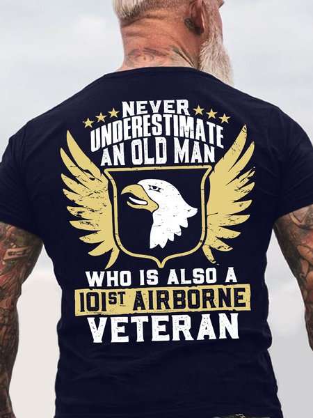 

Men's Never Underestimate An Old Man Who Is Also A 101st Airborne Veteran Funny Graphic Printing Eagle Old Glory Cotton Casual Loose T-Shirt, Purplish blue, T-shirts