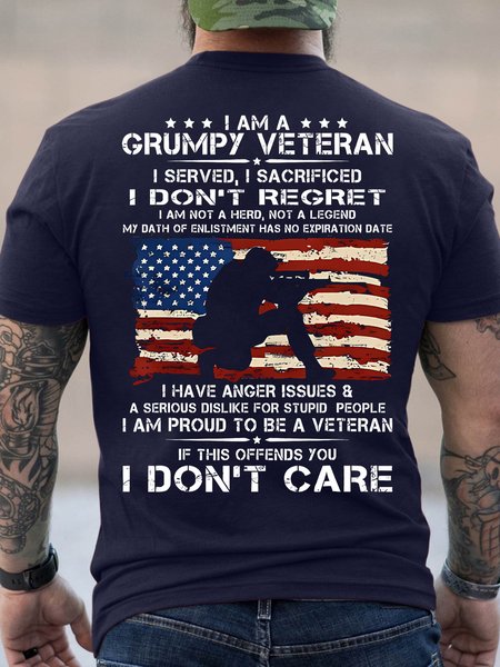 

Men's I Am A Grumpy Veteran I Served I Sacrificed I Don't Regret I Am Not A Hero Not A Legend I Don't Care Funny Graphic Printing Cotton America Flag Loose Casual T-Shirt, Purplish blue, T-shirts