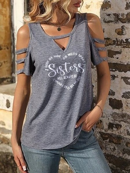 

Regular Fit Cold Shoulder Text Letters Casual T-Shirt, Gray, T-Shirts
