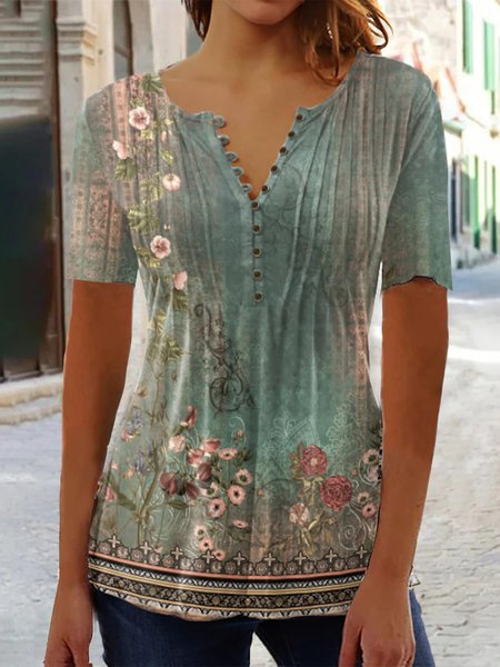 

Regular Fit Elegant Floral Notched Shirt, Green, Shirts & Blouses