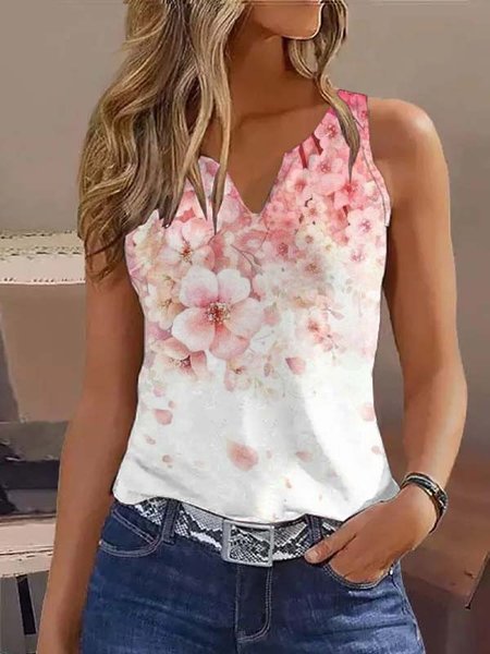

Casual Notched Jersey Floral T-Shirt, Multicolor, Tanks & Camis