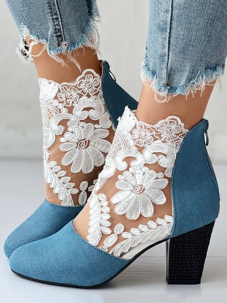 

Romantic Lace Paneled Denim Chunky Heel Sandals Boots with Back Zip, Blue, Sandals