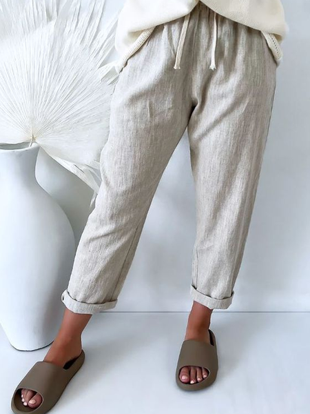 

Women Drawstring Wasit Casual Pockets Gray Cotton And Linen Pants, Pants