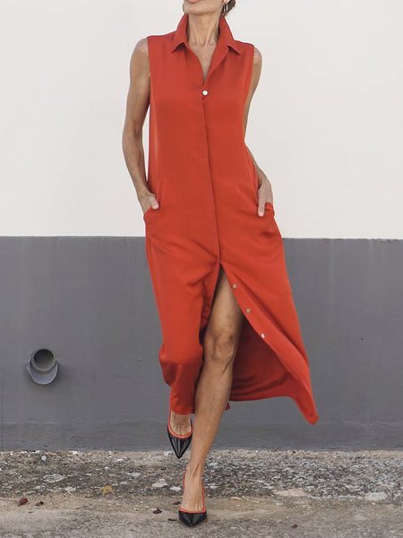 

Casual Plain Sleeveless Midi Dress, Orange red, Midi Dresses
