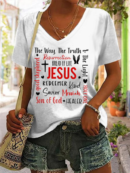 

Women’s Jesus Casual Loose V Neck T-Shirt, White, T-shirts