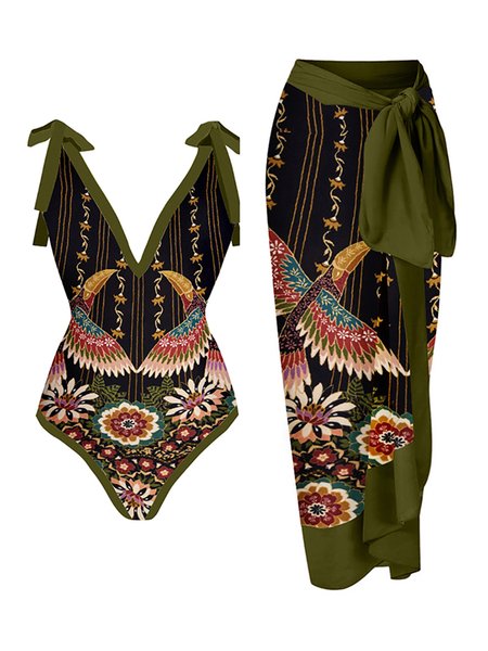 

Sexy Animal Printing V Neck One Piece With Cover Up, Green, swimwear>>One-Pieces