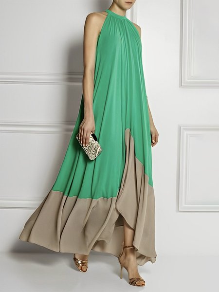 

Color Block Halter Vacation Sleeveless Maxi Dress, Green, Maxi Dresses