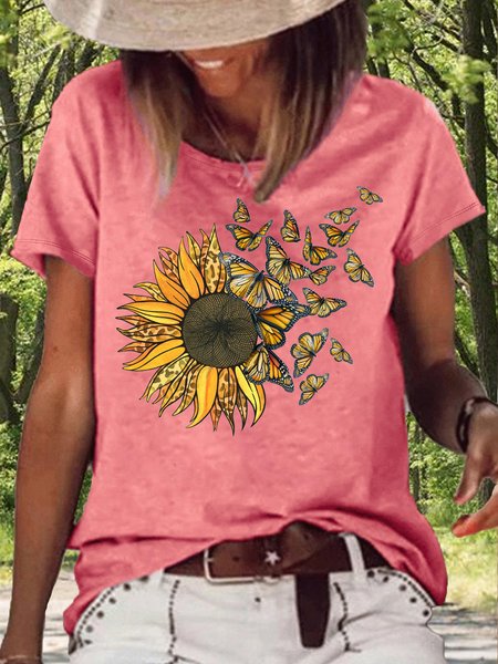 

Women's Sunflower Butterflies Casual Letters T-Shirt, Pink, T-shirts