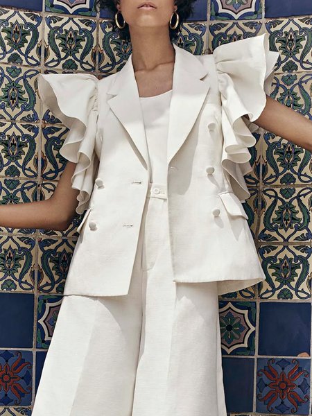 

Regular Fit Urban Ruffled Sleeves Plain Lapel Collar Blazer, Off white, Blazers