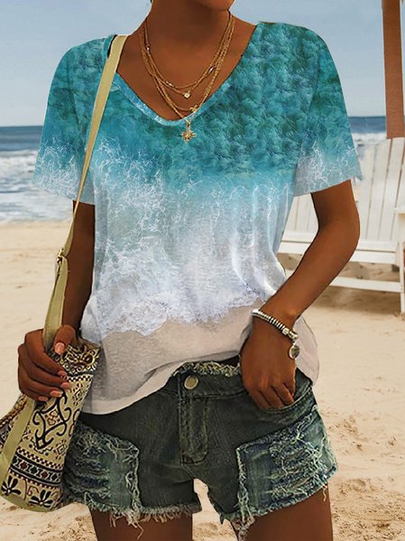 

Loose Casual Sea Knitted T-Shirt, Cyan, T-Shirts