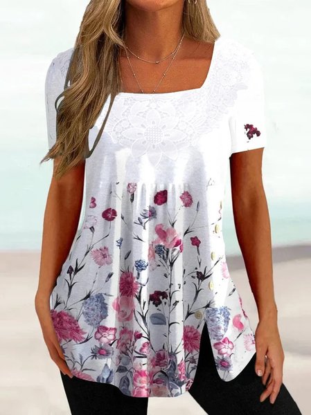 

Square Neck Floral Regular Fit Casual Top, White, Shirts & Blouses