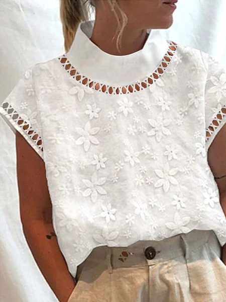 

Women Elegant Hollow Out Floral Lace Turtleneck Short Sleeve White Linen Top, Tees & T-shirts