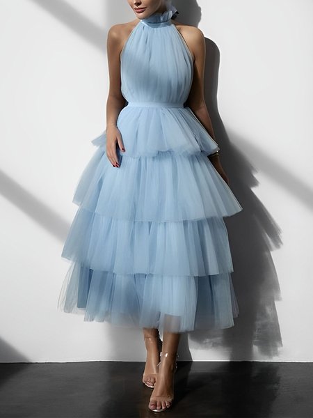 

Plain Regular Fit Elegant Sleeveless Midi Dress, Blue, Midi Dresses