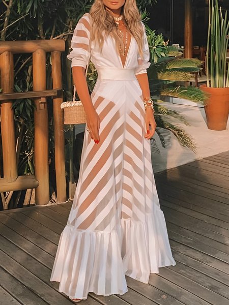 

Vacation Plain V Neck Regular Fit Dress, White, Maxi Dresses