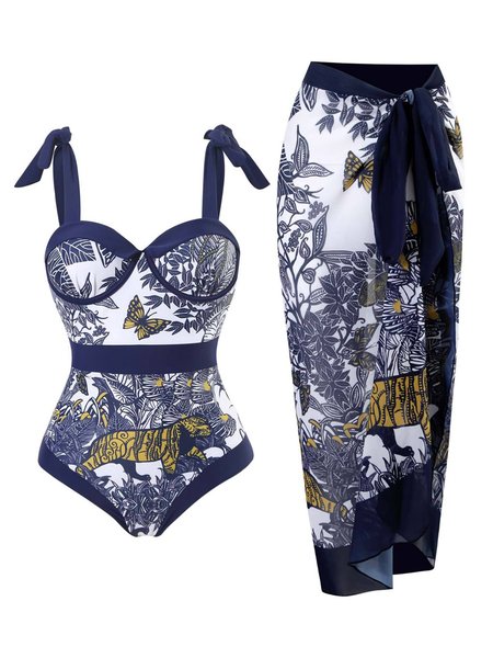 

Sexy Plants Printing Notched One Piece With Cover Up, Blue, swimwear>>One-Pieces