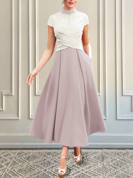 

Mid Length Wedding Party Pink Dress With Sleeves, White, Midi Dresses