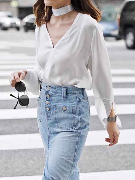 

Plain V Neck Loose Urban Blouse, White, Blouses and Shirts