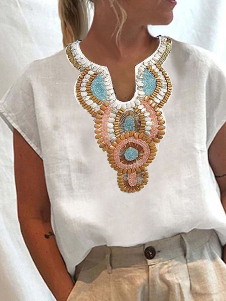 

Beaded Notched Casual Shirt, White, Shirts & Blouses