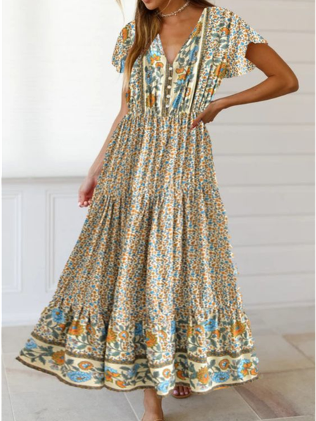 

Boho V Neck Floral Dress, Yellow brown, Dresses