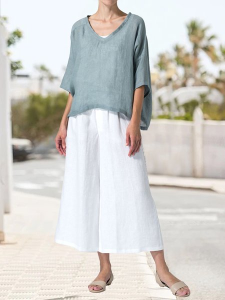 

Linen Loose Cotton Two-Piece Set, Green, Suits