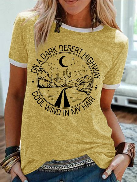 

Women's On A Dark Desert Highway Cool Wind In My Hair Funny Graphic Printing Crew Neck Regular Fit Casual Cotton-Blend T-Shirt, Yellow, T-shirts