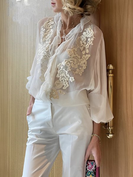 

Lotus Leaf Collar Elegant Loose Plain Blouse, White, Blouses and Shirts