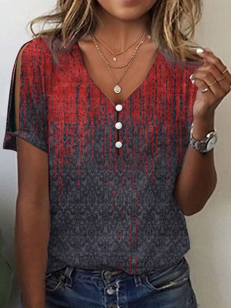 

Casual V Neck Ethnic Buckle T-Shirt, Red, T-Shirts